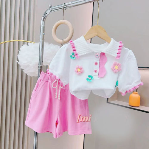 Girls T-shirt suit summer 2022 summer new children's middle-aged and older children's fashionable foreign style Polo short-sleeved two-piece set