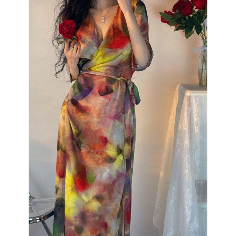 2022 summer original niche design tie-dye sunset dress wrap skirt v-neck long skirt romantic goddess