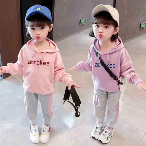Girls autumn pullover new thin section foreign style fashion children's sweater letter hooded baby loose long-sleeved top