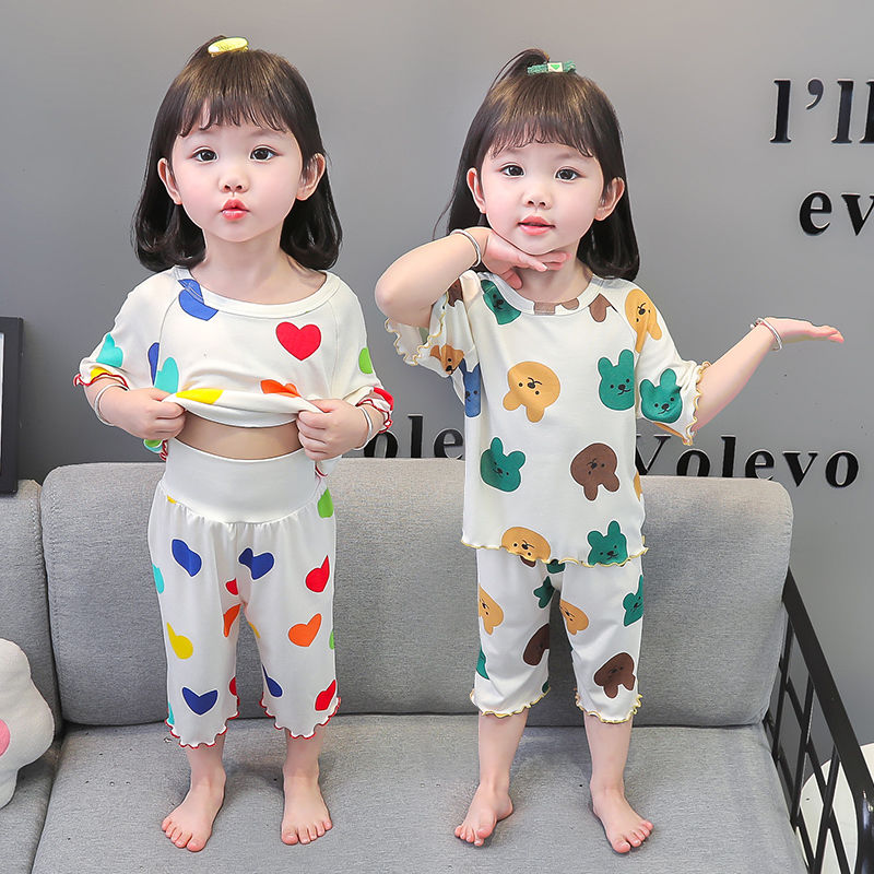 Children's modal high-waisted pajamas set female baby home service two-piece set little girl summer thin suit trendy
