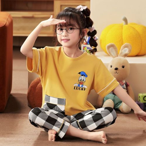 Children's pajamas girls summer cotton short-sleeved trousers girls thin section baby middle and big children's home clothes suit summer
