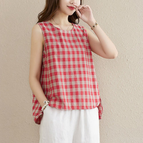 Cotton linen large size women's fat sister vest top summer new casual loose sleeveless inner strap bottoming shirt