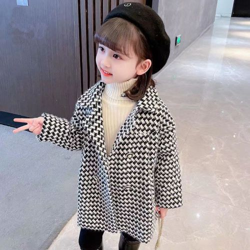 Xiaoxiangfeng Girls Spring and Autumn Wool Coat 2022 New Houndstooth Korean Version Fried Street Big Boy Half Open Collar Coat