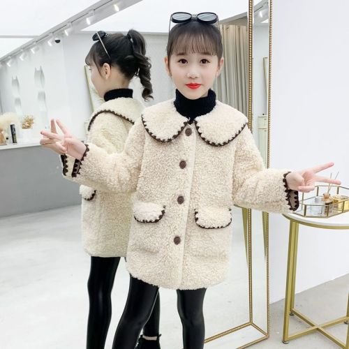 Girls spring and autumn coat 2022 autumn and winter new foreign style girl mid-length lamb wool coat thick wool sweater