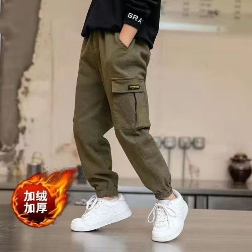  autumn and winter boys' trousers, overalls, casual pants, big children's fleece and thickened children's trousers fashion trend