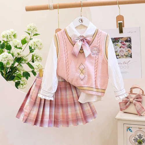 Girls JK suit 2022 spring new woolen vest college style Japanese shirt children's pleated skirt three-piece set
