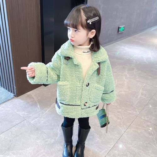 Girls Autumn and Winter Wool Sweater Jacket 2022 New Children's Western Style Korean Style Baby Girl Lamb Plush Thickened Top