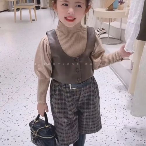 Girls net red suit new autumn clothes baby fashionable suspender sweater bottoming shirt woolen suit middle pants three-piece suit