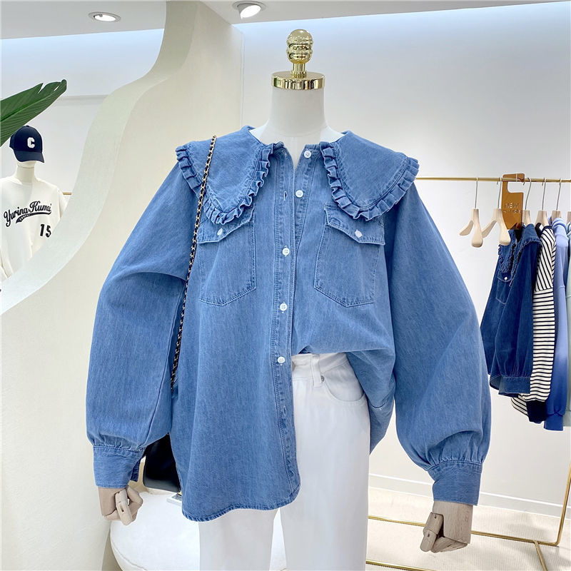 Korean version of the all-match retro denim shirt doll collar sweet navy style lotus leaf button loose girl cardigan