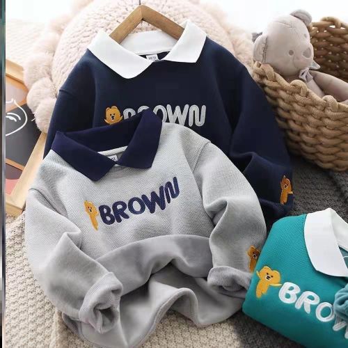 Boys fleece sweater autumn and winter children's casual foreign style top polo shirt with thick warm bottoming shirt trendy