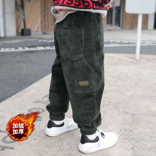 Boys' autumn and winter clothes plus velvet thickened trousers  new medium and large children's corduroy trousers three-layer thickened cotton trousers