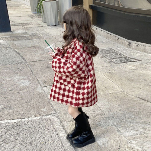 Children's western-style coat 2022 winter new girls' red annual clothing children's thickened quilted Korean style plaid coat