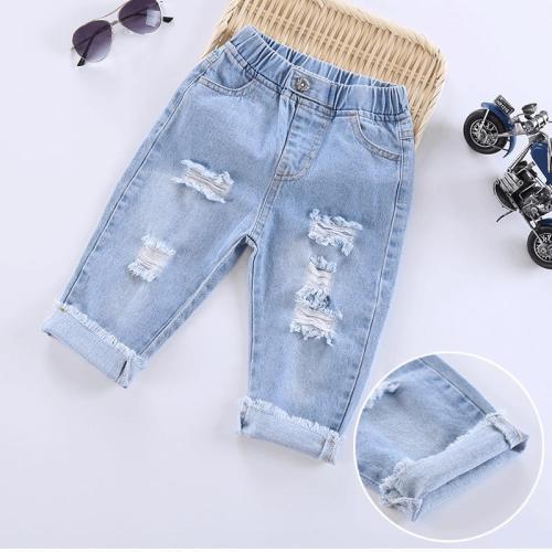 Baby summer jeans boys and girls cropped pants  new children's thin section ripped summer western-style pants [shipping within 15 days]