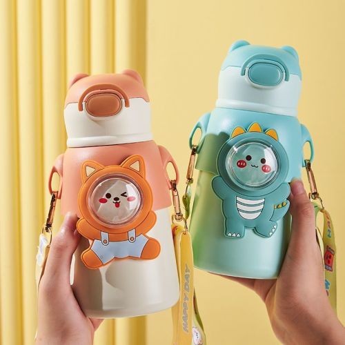 Leak-proof stainless steel insulation cup portable cartoon little monster student water cup bouncing straw children's insulation cup