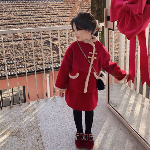 Girls' red New Year's greetings suit winter children's thick woolen New Year's coat skirt warm two-piece suit