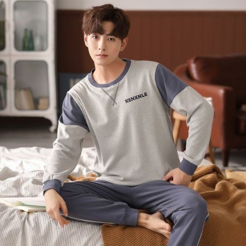 High-end men's pajamas 100% cotton long-sleeved spring and autumn loose large size youth home service cotton suit