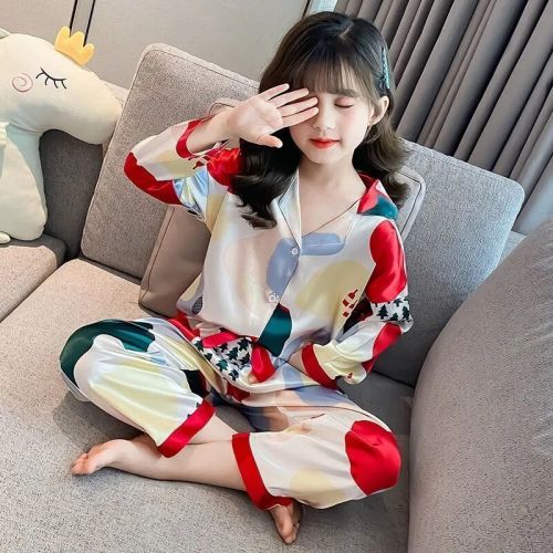 Children's pajamas women's spring and autumn boys' ice silk thin section simulation silk long-sleeved baby middle and big children's home clothes set