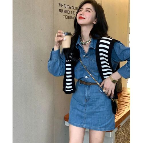 Early spring suit 2022 new high-end cold style small man long-sleeved shirt denim dress female
