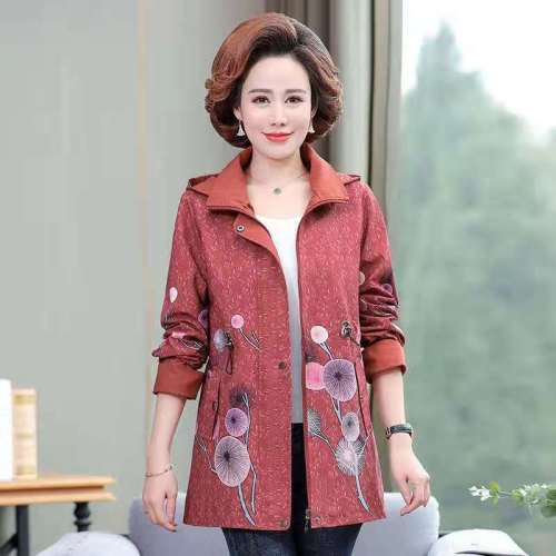 Autumn mother's coat  new middle-aged and elderly fashion print detachable hooded mid-length windbreaker women
