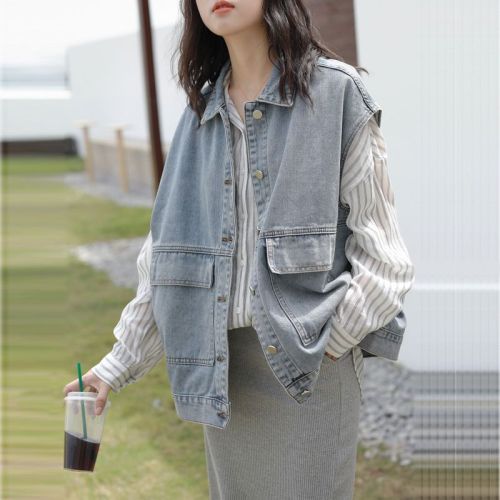 Denim vest loose Korean version 2022 spring and autumn style outerwear sleeveless bf style tooling all-match student jacket female
