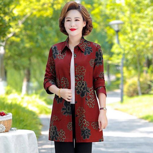 New mother's clothing middle-aged shirt jacket women's mid-length loose shirt middle-aged and elderly women's clothing spring and autumn foreign style windbreaker