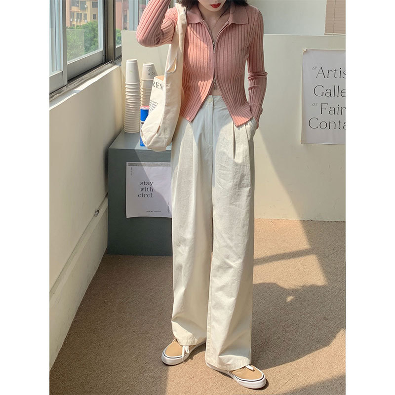 Real shot Korean version of retro overalls loose straight casual white trousers simple all-match thin wide-leg pants