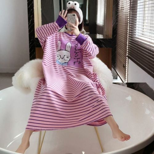 Fat mm200 catties pure cotton pajamas women's autumn and winter long-sleeved plus fat plus loose large size home service ins cartoon nightdress