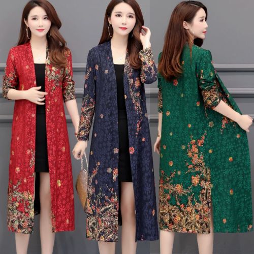 Autumn new coat women's mid-length large size over the knee ethnic style middle-aged mother's windbreaker fashion cardigan