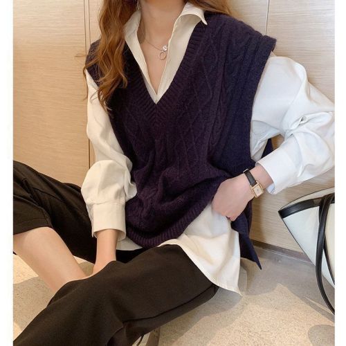  autumn and winter thick new style Korean version V-neck knitted vest casual trend vest female loose version sweater vest