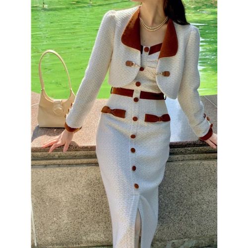 French high-end color contrast stitching bowknot suspender skirt small suit jacket western design sense suit skirt autumn and winter