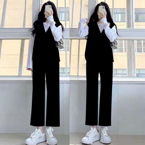 Single/three-piece suit female spring and autumn new student long-sleeved T-shirt female vest loose slim wide-leg pants two-piece suit trendy