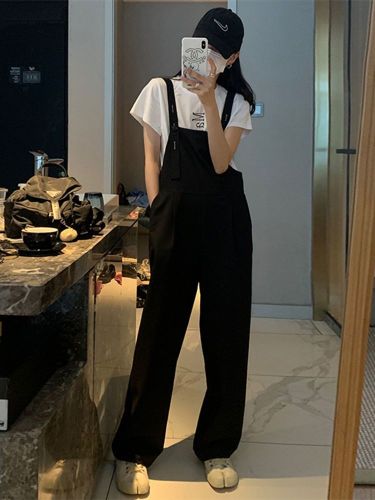 Black suit overalls women's new design sense wide-leg pants loose Korean version slim drape jumpsuit mopping pants