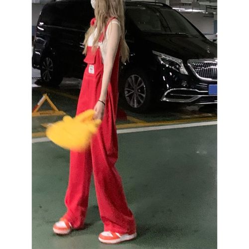 2022 summer new high-end American denim overalls female loose retro red straight one-piece pants ins