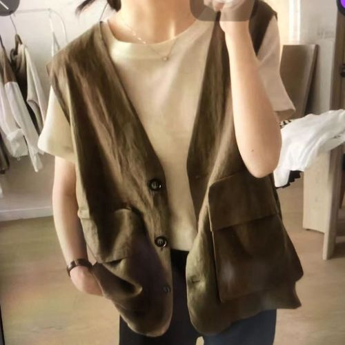 Large pocket cotton waistcoat women's summer new loose and thin retro v-neck literature and art solid color all-match models