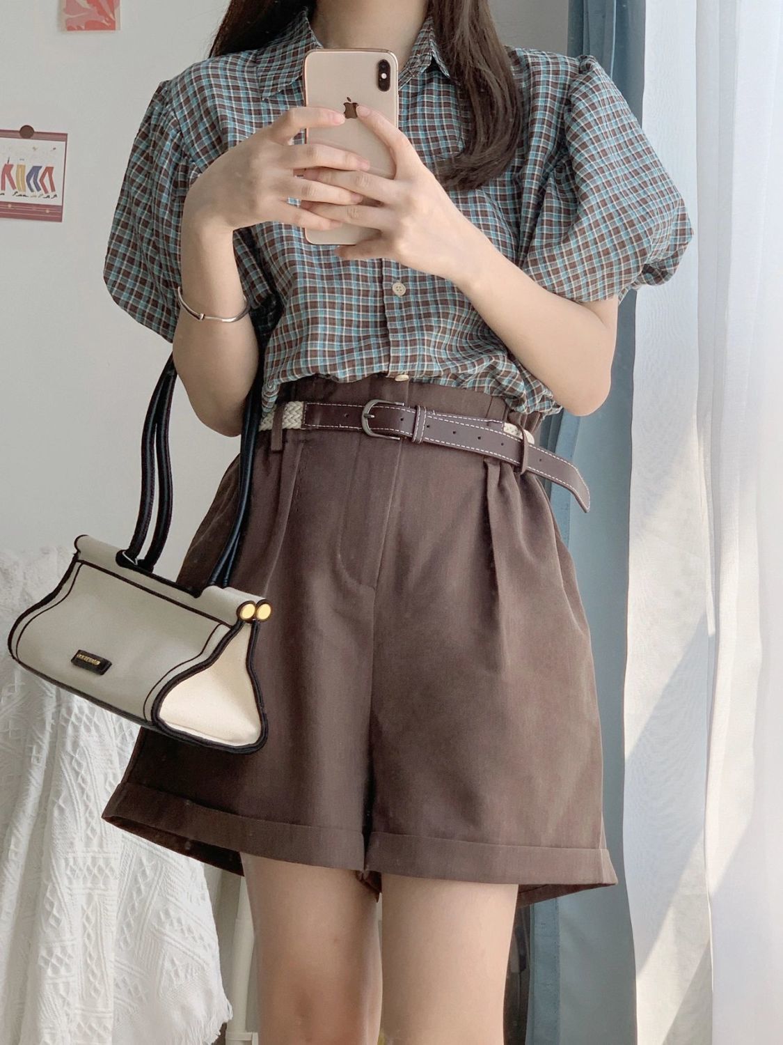 [Give belt] Two-piece summer suit retro style loose plaid puff sleeve shirt high waist wide leg suit pants