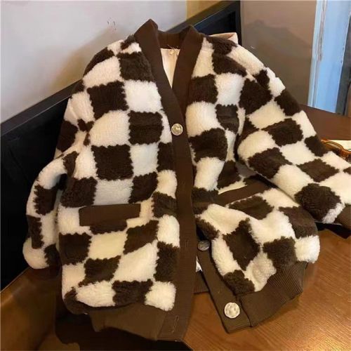 2022 New Checkerboard Sheep Shearing Coat Women's Lamb Wool Coat Fur Integrated Thickened Warm Cotton Clothes Trend