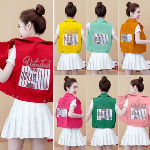Summer new denim jacket female Korean version color hot diamond printing short small cardigan slim student vest