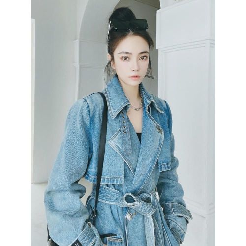 Korean version of blue denim windbreaker women's clothing 2023 autumn new retro original design mid-length niche coat hundred