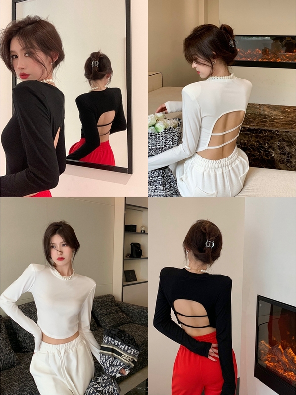 Real shot spring new Hong Kong flavor pure desire wind self-cultivation slim short backless long-sleeved T-shirt ins shoulder pad crop top