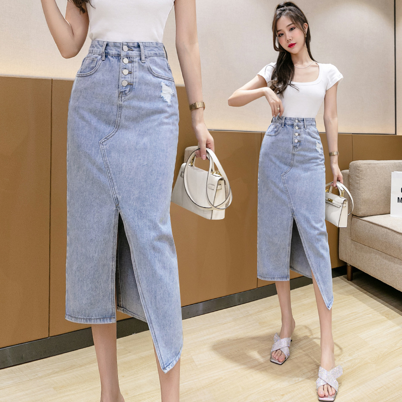 Real shot irregular slit denim skirt 2021 new Hong Kong style ultra-high waist slim-fit hip skirt all-match skirt for women
