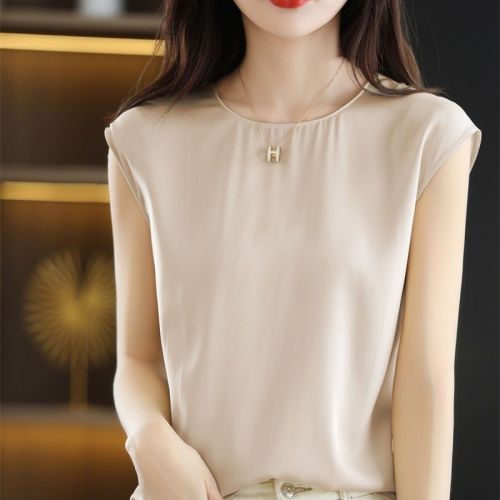 New silk camisole women's loose round neck knitted bottoming mulberry silk sleeveless camisole summer
