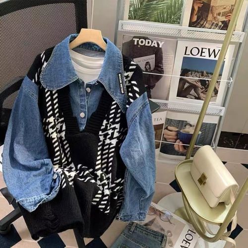 Large size fat mm Korean version of Hong Kong style retro all-match design sweater knitted stitching pullover denim jacket female autumn and winter