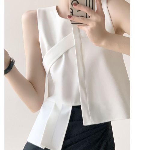 French-style irregular vest women's outer wear  new sleeveless white top slimming niche design with ins