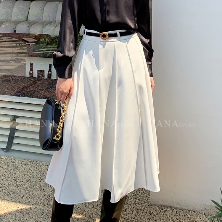 [HANNA Hanna] Solid color simple and versatile A-line skirt mid-length skirt daily commuting skirt skirt (with belt) H3311BQ# JHY