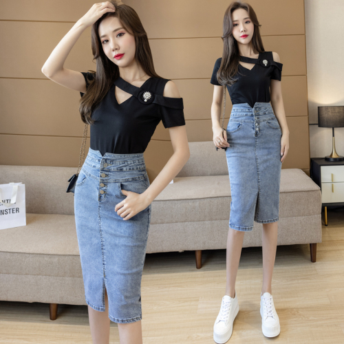 Real shot denim suit women's fashion spring and autumn 2020 new fashion foreign style junior T-shirt denim skirt two sets