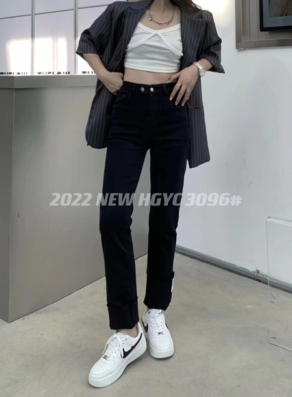 2023 early spring new!  [Korean original] LC trousers cuffed with white label high elastic straight-leg jeans 3096-1# FHX