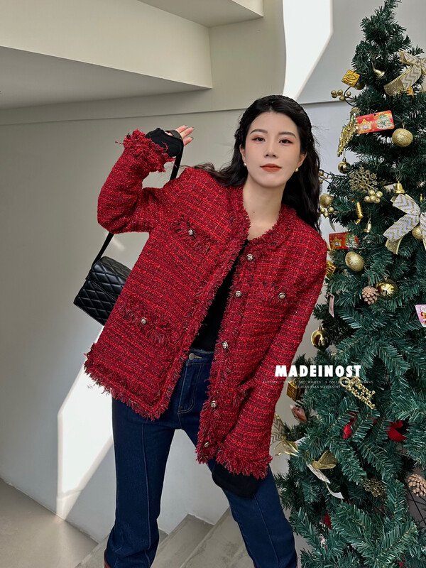 【歐莎MADEINOST】早春新款聖誕綠新年紅小香風流蘇羊毛短外套  87526#  FHX