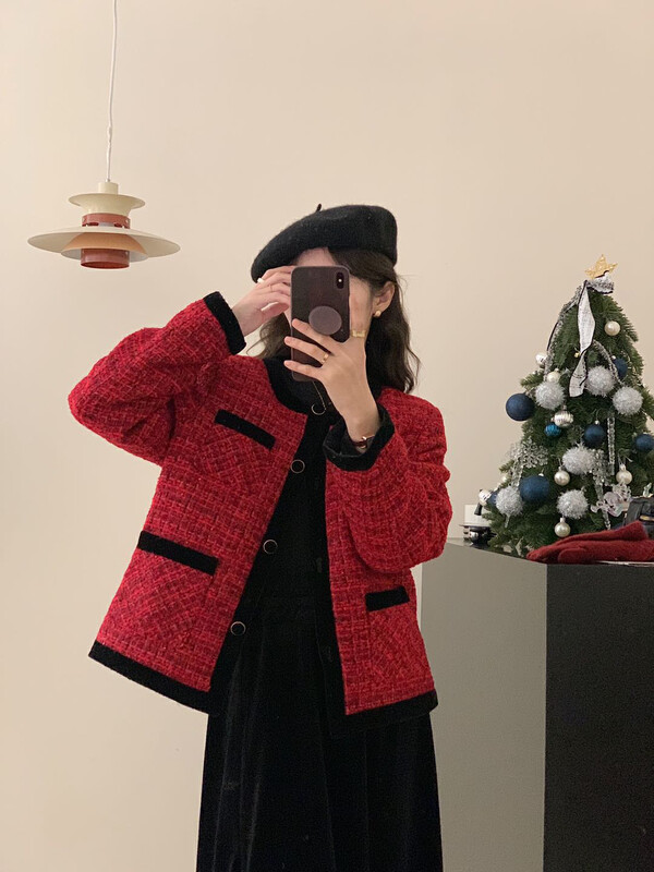 【LOVELY/SHMILY】氣質聖誕小香羽絨服羊毛粗花呢外套羽絨服S2721