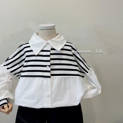Hong Kong style children's long-sleeved spring and autumn 2022 style color-blocking shirts for men and women to wear loose thin coats for men and women