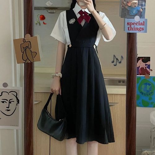 [Two-piece suit] college style jk uniform skirt slimming breast milk pleated dress girls students short-sleeved shirt